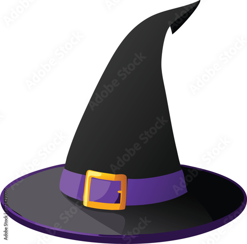 A classic halloween witch hat with a purple ribbon and gold buckle