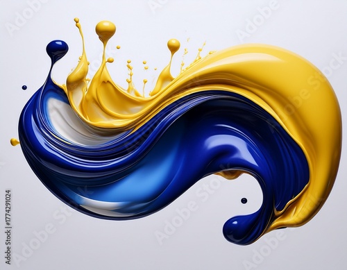 Dynamic liquid splash of vibrant blue and yellow paint creating an abstract, energetic, and fluid motion perfect for modern design and creative projects