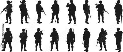 Set of 16 military soldier silhouettes in dynamic combat poses with rifles and gear — perfect for defense, army, warfare, tactical design, and game asset projects
