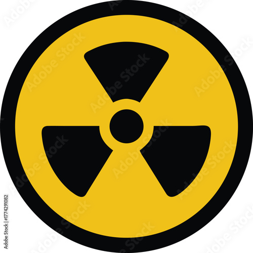 A yellow and black circular warning sign depicting a radiation symbol