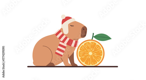 A charming capybara wearing a Santa hat and a striped scarf sits next to a sliced orange, depicting a festive and cozy winter scene.