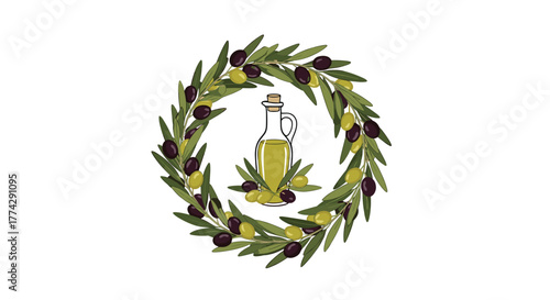 A beautifully illustrated olive wreath featuring a classic bottle of olive oil and ripe green and black olives, symbolizing healthy Mediterranean cuisine.