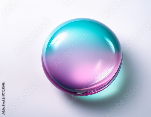Captivating iridescent sphere with smooth gradient transition from vibrant teal to soft pink, casting a subtle shadow on a clean white background, perfect for modern design and abstract concepts.