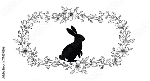 Black silhouette of an elegant rabbit standing gracefully inside a beautiful oval floral wreath with intricate line art.