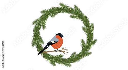 A charming illustration of a red-breasted bullfinch bird on a branch, nestled within a circular evergreen wreath, ideal for seasonal themes.