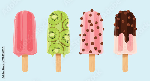 Four colorful popsicles, including strawberry, kiwi, and chocolate-dipped varieties, displayed on a light blue background.