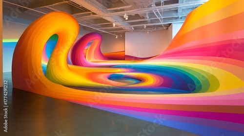 Large colorful installation art with swirling rainbow waves in a gallery