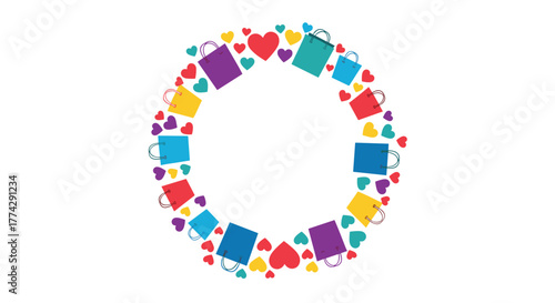 A colorful circular frame made of shopping bags and hearts on a white background, representing retail, gifting, and love.