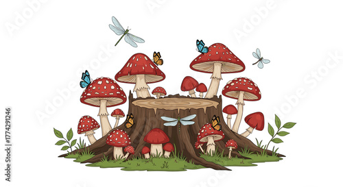 Enchanting woodland scene illustration with a rustic tree stump, vibrant red mushrooms, delicate butterflies, and graceful dragonflies.