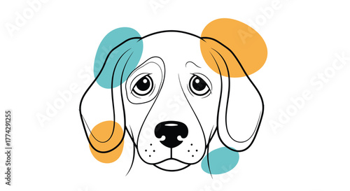 Minimalist line art illustration of an adorable sad puppy's face with colorful abstract background accents.