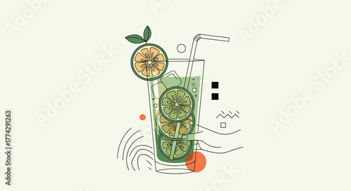 A refreshing minimalist line art illustration of a cold citrus and mint drink in a glass with ice and a straw, surrounded by abstract shapes.