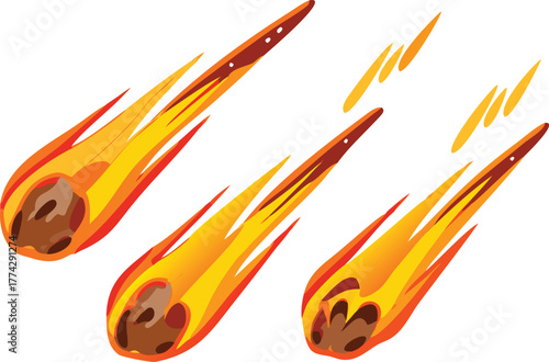 Cartoon illustration of fiery comets or shooting stars with glowing trails