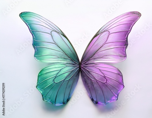 Stunning iridescent butterfly wings shimmer with vibrant teal and soft purple hues, symbolizing transformation and delicate beauty in a clean, modern studio setting.