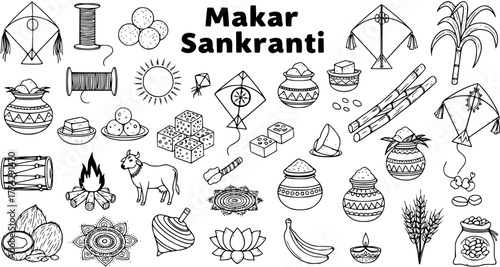 Makar Sankranti Festival Outline Icons Set. Doodle collection of traditional Indian harvest celebration elements like kites, sweets, sugarcane, sun, cow, fire, pots.