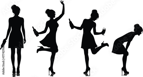 Silhouette woman drinking alcohol, female party celebration, dancing girl poses, drunk stages concept, nightlife fun, hangover illustration, black dress vector art