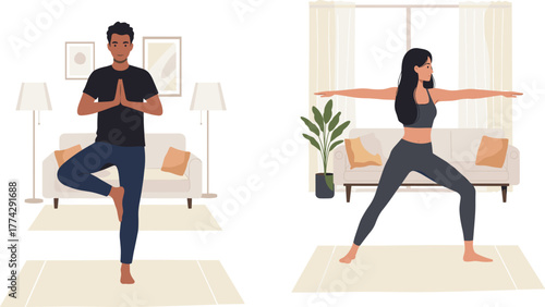 Indoor yoga session, home wellness practice, mindfulness exercise, calm living space, yoga poses, balance and strength, peaceful lifestyle, healthy routine, modern interior