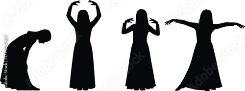 Silhouette woman worship dance poses, elegant female figure illustration, graceful long dress movement, spiritual art performance vector, emotional expression, artistic design element