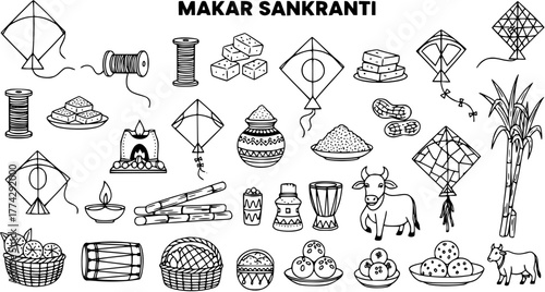 Makar Sankranti Festival Doodle Collection: Line Art of Kites, Sweets, Sugarcane, Cow, Peanuts, Lamps, Spools. Indian Harvest Celebration Symbols Vector.