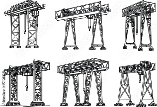 Detailed black-and-white gantry crane illustrations showing structural variations in industrial lifting machines used in ports, shipyards, and construction sites