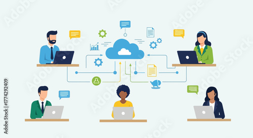 Diverse professionals seamlessly collaborate online using cloud technology, driving innovation and enhanced productivity for modern business solutions and global connectivity.