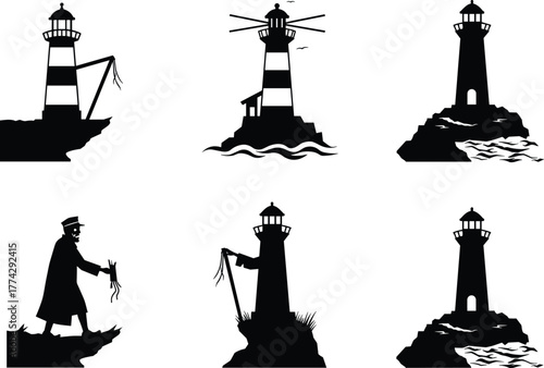 Lighthouse silhouette, rocky coast, seaweed detail, maritime theme, ocean waves, coastal scene, black and white, minimal style, nautical illustration, dramatic contrast