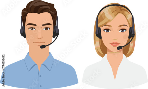 Male and female call center operators wearing headsets, professional customer service support team illustration, online communication, virtual assistant and helpdesk concept