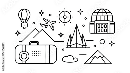 Travel and adventure icons with hot air balloon, airplane, mountains, and suitcase Keywords: travel, adventure, vacation, trip, journey, hot air