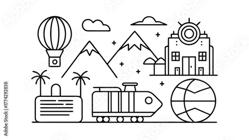 Travel and vacation icons including hot air balloon, train, mountains, and suitcase Keywords: travel, vacation, trip, journey, hot air balloon