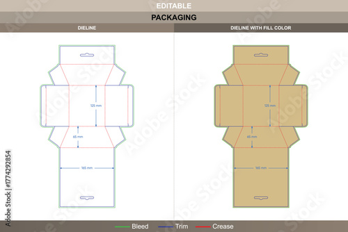 Hanging polygonal display box dieline shaped through clear vector accuracy refining printing flow and packaging balance tuck end die line structure offers side hanging stability