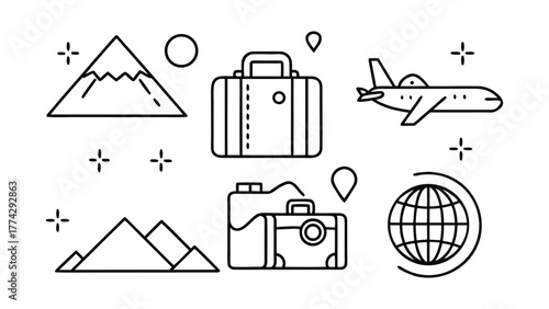 Travel and vacation icons with mountains, luggage, airplane, and globe Keywords: travel, vacation, trip, journey, airplane, plane, luggage