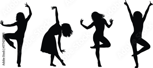 Silhouette women dancing, elegant female movement, expressive body poses, modern dance illustration, graceful performance vector, creative art 