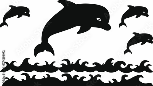 Playful dolphins leaping joyfully through stylized ocean waves, capturing marine life's energetic spirit