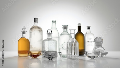 Wallpaper Mural Display of various elegant glass bottles, decanters, and bowls, filled with liquids of differing colors, arranged in a  setting with a reflective white surface and neutral background. Torontodigital.ca