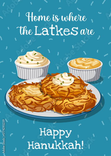 Home is where the Latkes are Funny Hanukkah Greeting Card Template with Sour Cream and Applesauce