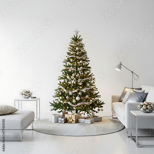 Bright and airy christmas living room with christmas tree decorated with white and gold ornaments and gifts ready for the holidays
