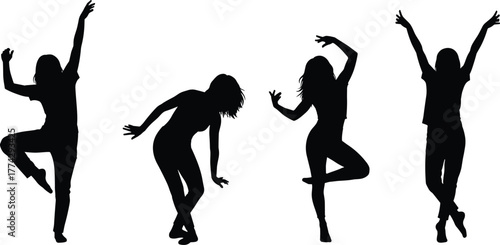 Silhouette women dancing, elegant female poses, expressive movement vector, contemporary dance art, freedom of motion illustration, creative body posture, modern style design, black silhouette artwork