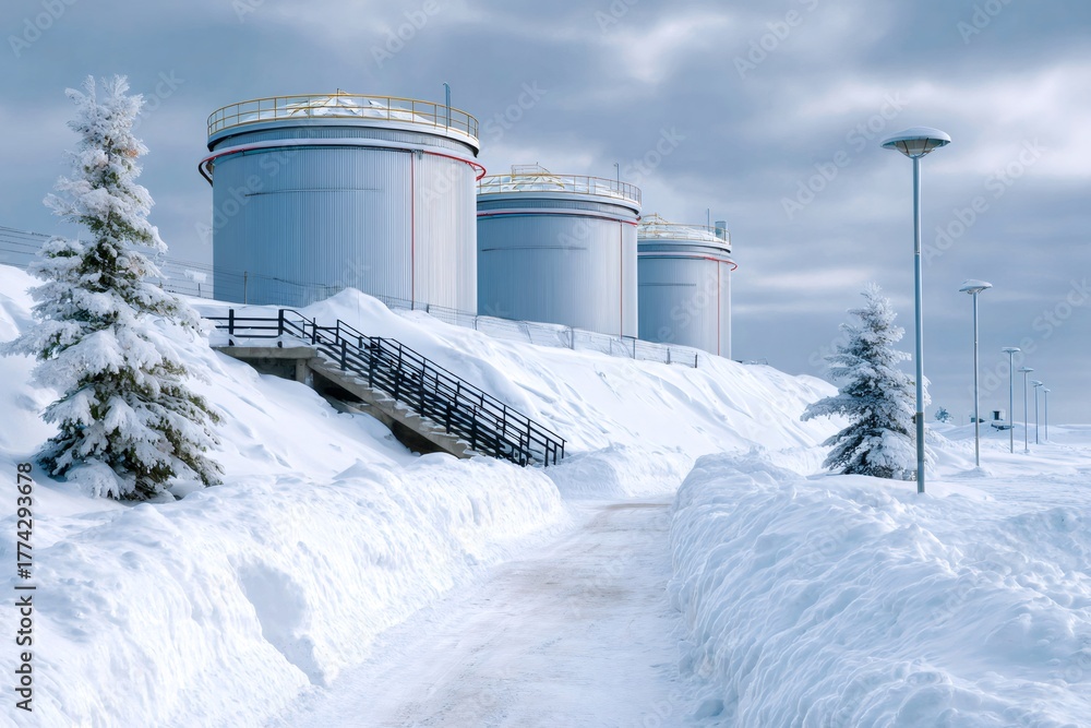 Obraz premium Industrial oil tanks in snowy winter landscape