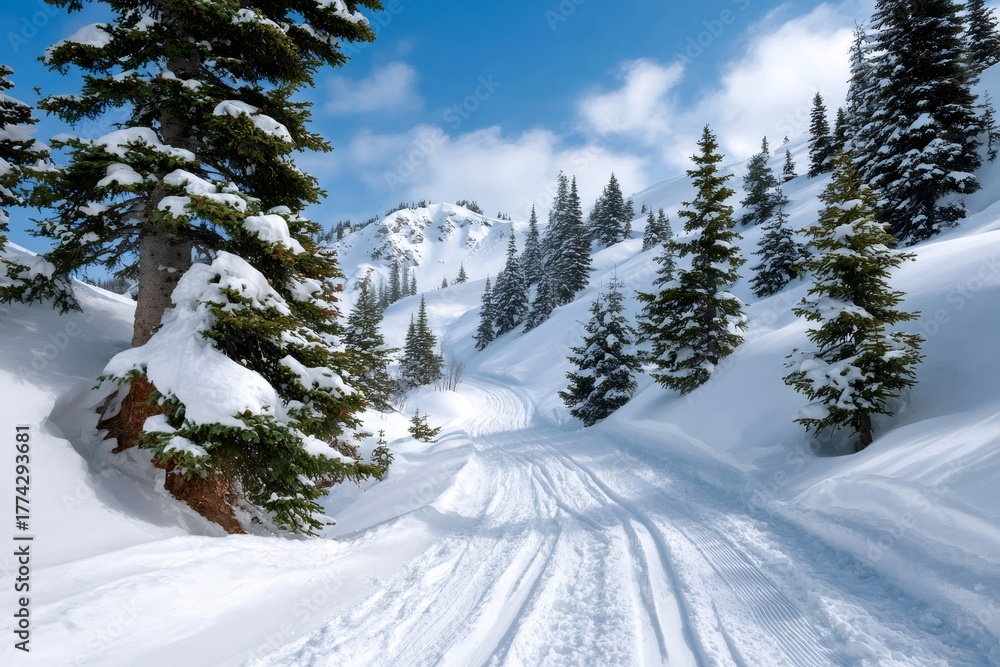 Fototapeta premium Ski trail winding through a snowy mountain forest