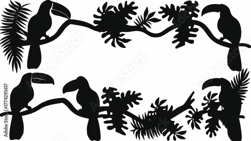 Tropical toucan bird silhouettes on leafy branches, perfect for vibrant jungle themed designs and exotic patterns