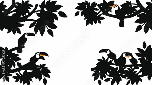 Silhouette toucans perched in lush tropical trees perfect for elegant invitations and nature-themed designs