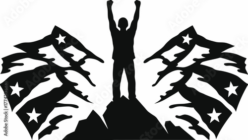 Celebrating success achieving mountain peak goals with star emblems, personal victory, triumph, achievement