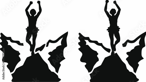 Triumphant climber silhouette celebrates reaching mountain peak, symbol of achievement and conquering challenges