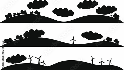 Ethereal silhouette of rolling hills, trees, and windmills under a cloudy sky, perfect for minimalist designs