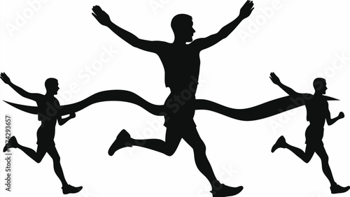 Victorious marathon runners celebrate at the finish line achieving athletic success and personal bests