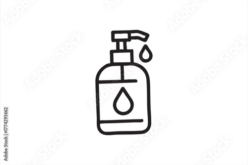 Black and white line icon of hand sanitizer bottle symbolizing hygiene and cleanliness