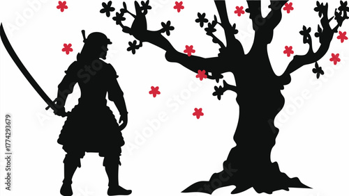 Powerful samurai warrior silhouette under cherry blossom tree creates dramatic Japanese scene