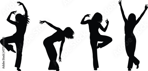 Silhouette women dancing, modern dance poses, female movement art, freedom expression vector, graceful performance, contemporary style illustration, elegant girl motion, black silhouette design