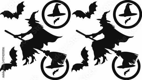 Spooky witch flying on broom with bats, perfect for Halloween decorations or eerie themed designs