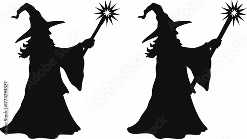 Mysterious wizard silhouette casting a spell with magical star wand, perfect Halloween themed design element