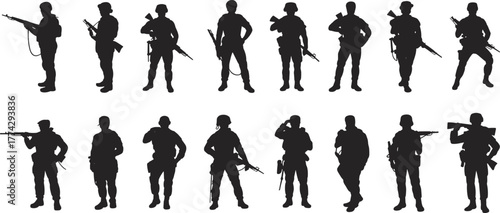Silhouette of armed soldiers standing in different poses, military men with guns, army troops illustration, combat personnel vector design, security concept
